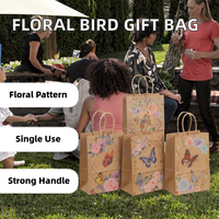 Sacs cadeaux en papier kraft avec poignée de longueur de main, motif fleurs et oiseaux, pour l'emballage de vêtements, jetables