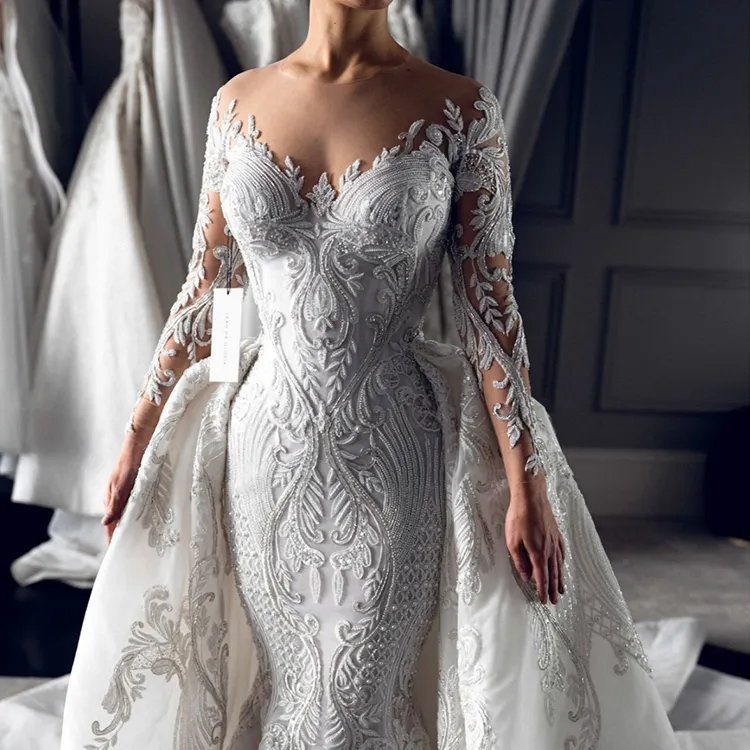 높은 품질 수제 구슬 웨딩 드레스 럭셔리 편안한 현대 디자인 인어 칼라 정전기 방지 레이스 안티