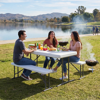 Ensemble table et chaises pliantes HOMFUL en HDPE blanc, 105 cm, portable, pour camping, pique-nique, vente en gros, avec 2 bancs, jardin, terrasse