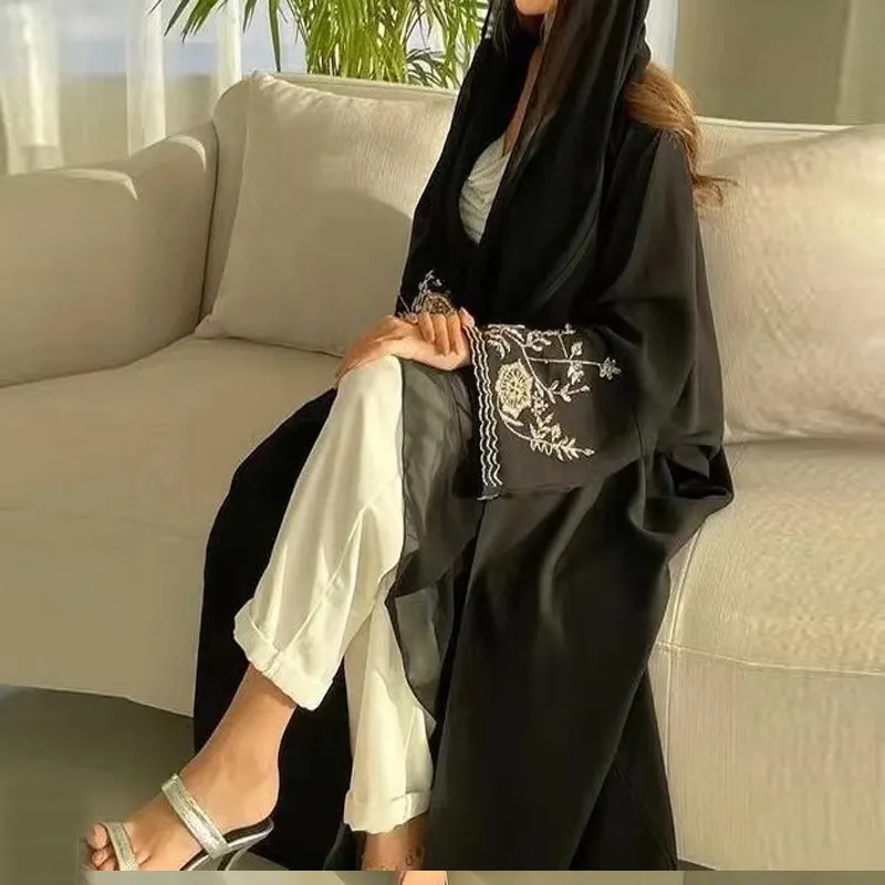 Turquie EID modeste Abaya fille musulmane femmes robe de luxe broderie florale manches Nida ouvert Kimono Dubaï Abaya