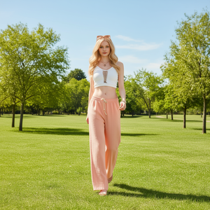 Pantaloni Dolado da donna a gamba larga, vita alta, con coulisse elastica, vestibilità ampia, lunghezza intera, in maglia di cotone ed elastan, estivi, casual, tinta unita - Product Image 2