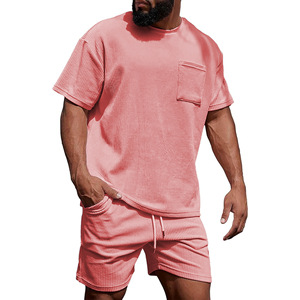 Nouvel ensemble décontracté d'été respirant en tricot pour homme : T-shirt à col rond et short de couleur unie pour la course et l'entraînement - Product Image 1
