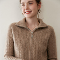 Nouveau cardigan élégant pour femmes, chaud et amincissant, respirant, col roulé, 100% cachemire, fermeture éclair, tricot torsadé à fleurs