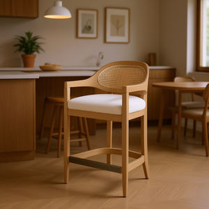 Sgabello da bancone moderno americano con schienale in canna, 26 pollici, in tessuto bouclé bianco avorio, per sala da pranzo - Product Image 2