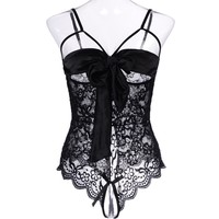 Robe de nuit sexy transparente en dentelle, nuisette une pièce, teddy, nœud floral, lingerie coquine, body sans entrejambe, body de tentation