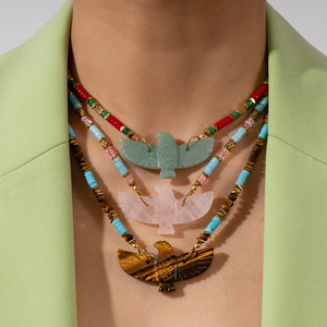 Joyería de piedra natural fina <span class=keywords><strong>para</strong></span> <span class=keywords><strong>mujer</strong></span>, collar de cuentas de piedras preciosas de ágata roja, collar con colgante de pájaro y águila con ojos de tigre de cuarzo rosa - Product Image 1
