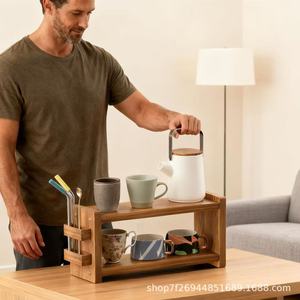 Wooden <b>Spice</b> <b>Rack</b> Double Layer Kitchen Storage Organizer With Utensil Holder <b>For</b> Seasoning <b>Jars</b> And Spoons - Product Image 4
