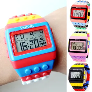 Fashion Students Mens Women Colourful SHHORS Building Blocks Plastic Waterproof Sport Digital Electronic Multifunctional Watches