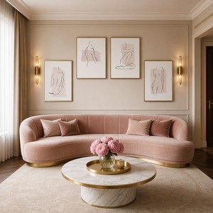 Set di 4 Stampe su Tela con Cornice Dorata, Arte Lineare Femminile, Decorazione Murale Minimalista, Disegno di Figura Femminile in Rosa Pallido - Product Image 2