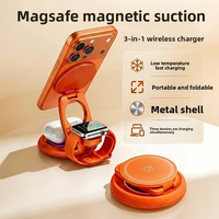 Support de charge rapide sans fil 3-en-1 en métal magnétique pliable et rotatif pour téléphones, montres et écouteurs, utilisation sur bureau, orange