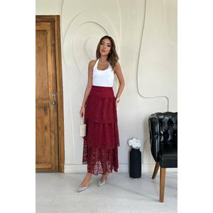Falda Midi de Encaje Borgoña con Capas, Cintura Alta, Tela Suave para Mujer - Product Image 4