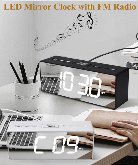 Digital Mirror LED Clock FM Radio Dual Alarms Adjustable Volume Indoor Temperature Display Snooze Dimmer for Bedroom Living Room