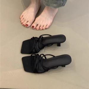 Summer New Women's Open <b>Toe</b> High Heel Slippers Fashion Square Narrow Band Solid Casual Daily Zapatos De Mujer - Product Image 3