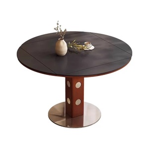 Table à manger ronde moderne 120cm 130cm avec plateau <span class=keywords><strong>en</strong></span> pierre frittée et base <span class=keywords><strong>en</strong></span> <span class=keywords><strong>bois</strong></span> massif, table de luxe pour la maison, la cuisine, le salon - Product Image 1