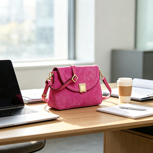 Sac bandoulière rose vif en daim pour femme, sac à rabat en matériaux mixtes, sac à main quotidien avec sangle réglable - Product Image 3