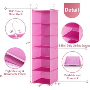 Organizador de armario colgante de 6 estantes, 33x15x85cm, estantes de almacenamiento plegables con 2 ganchos para ordenar el dormitorio - Product Image 3