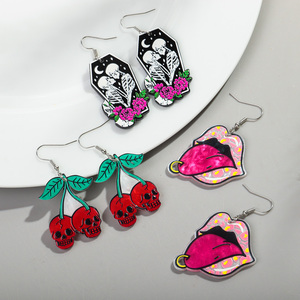 Nuevo diseñador <span class=keywords><strong>de</strong></span> moda resina Halloween pendiente esqueleto Rosa labio uñas Rosa <span class=keywords><strong>boca</strong></span> rojo cereza calavera acrílico gota pendientes para mujer - Product Image 5