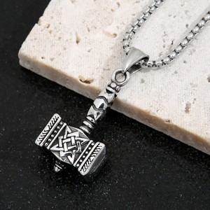 yunnique Viking Thor's Hammer Stainless Steel Pendant Necklace Unisex Jewelry Gift Geometric Design <b>Cross</b> Pattern Sweater <b>Chain</b> - Product Image 2