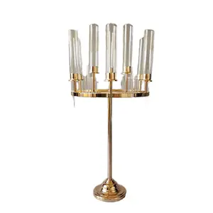 热卖独特设计金色烛台九头吊坠烛台婚礼装饰品金属和水晶材料