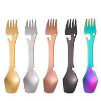Cuillère-fourchette multifonction 5 en 1 en acier inoxydable à double extrémité, ouvre-boîte, résistant à la rouille, couverts de voyage