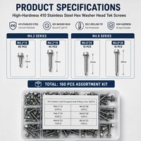 Kit d'assortiment de vis autoperceuses à tête hexagonale en acier inoxydable 410, 160 pièces, vis Tek pour la fixation de tôles de toiture métallique