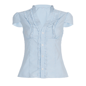 Chemisier Y2K rayé à col en V et volants pour femme, taille ajustée, manches courtes, haut d'été, vente en gros - Product Image 6