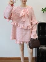 Ensemble pull deux pièces vintage en dentelle pour femme automne/hiver 2025, nouveau design à sequins et volants, haut en maille et jupe unie au-dessus du genou, coupe ample