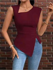 Débardeur décontracté pour femme, design asymétrique, sexy, sans manches, couleur unie, col asymétrique, vente en gros - Product Image 5