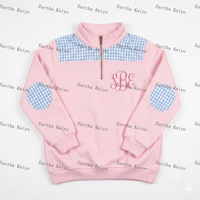 Sweat-shirt enfant à quart de zip, motif Gingham, blocs de couleur, patchs aux coudes, pull à quart de zip pour enfants, logo personnalisé, vêtements d'hiver pour enfants, vente en gros