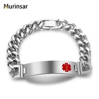 Bracelet d'alerte médicale en acier inoxydable incurvé vierge, chaîne de liaison pour la sensibilisation aux maladies, ID rouge pour hommes, bijou en métal