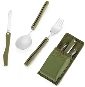 Compact Foldable Cutlery Utensil Set for Outdoor Camping 3-in-1 Fork Knife Spoon Portable Pocket Tableware Set in Pouch