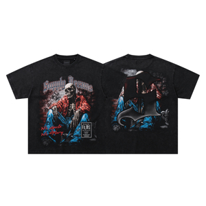 SUPPLY Kaos Pria <span class=keywords><strong>Vintage</strong></span> Acid Wash 100% Katun dengan Cetakan Tengkorak Berhias Rhinestone, Model Oversized Y2K Streetwear - Product Image 1