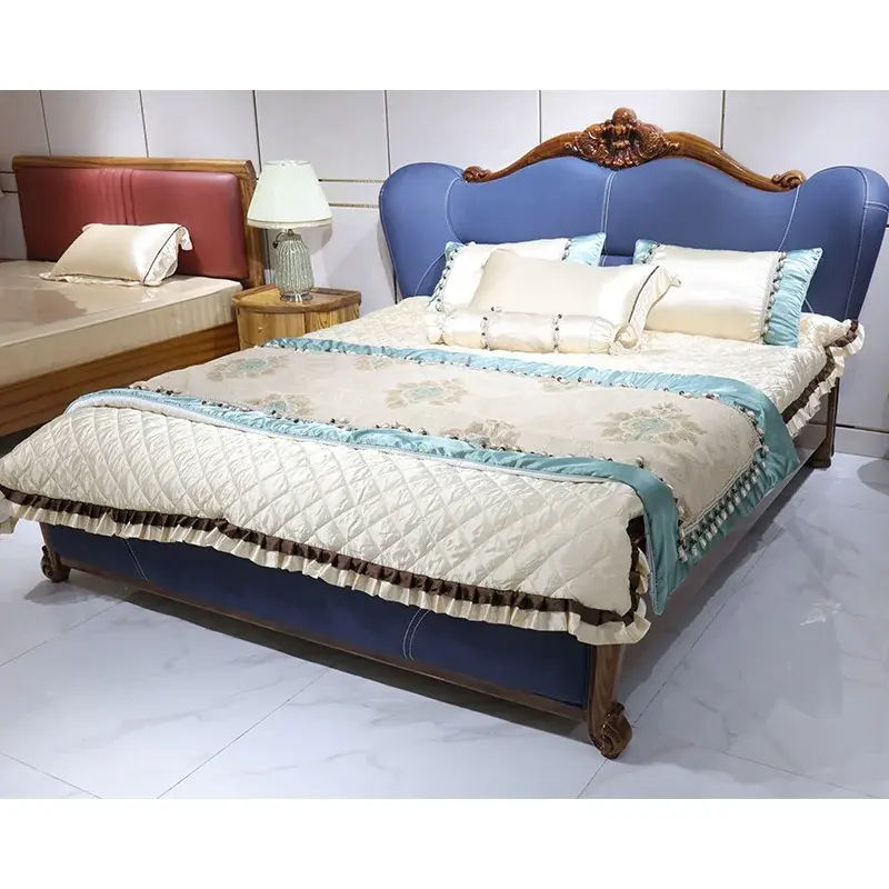 High-End Vintage Brown Teak Bedroom Furniture Traditional Design King Size Luxury Bed with Solid Carved Strong Wood Durable