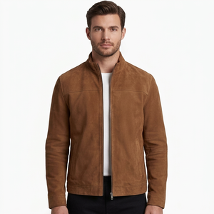 Chaqueta de Gamuza para Hombre, a la Moda, de Lujo, Color Marrón Castaño, Estilo Motero, Venta al Por Mayor | Corte Ajustado Personalizado con Cuello Alto, Minimalista y Ecológico - Product Image 1