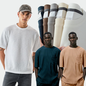 宽松高领奢华落肩厚重纯色T恤260克纯棉短款定制棉质华夫格T恤男式 - Product Image 1