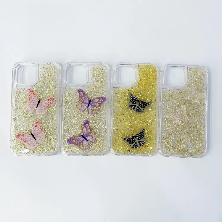 Crystal Three-In-One transparent + PC goldener Kleber + Schmetterlingszubehör Handyetui für iPhone für Samsung für OPPO 2743