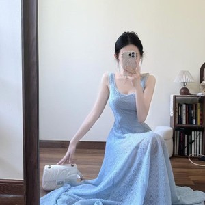 Blue <b>Spaghetti</b> Strap Dress Square Neck <b>Long</b> Solid Color Beach Cover Up Summer Style - Product Image 4