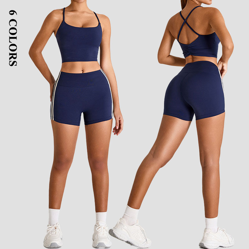 High Quality Women's Lightweight Yoga Set Breathable Shockproof Cross Back Tank Top Shorts Quick Dry High Waist Elastic Waist
