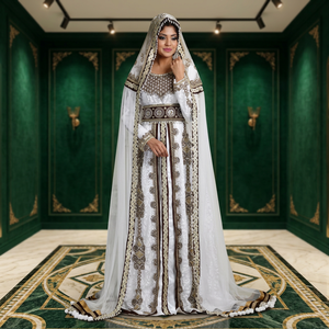 Abaya blanche ornée de perles en polyester, évasée, longue, à motif géométrique, robe de mariée pour femmes, style Moyen-Orient - Product Image 3