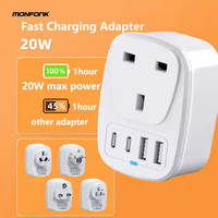 Monfonk adaptor perjalanan, pengisian cepat 20W PD Multi-Port colokan konversi adaptor USB untuk Inggris/EU/US/AU untuk penggunaan kamera industri