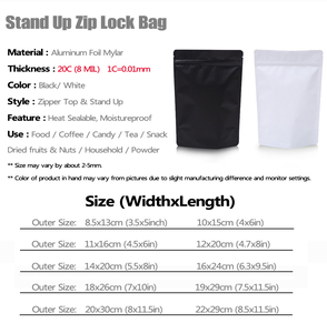 Sacs en plastique, 100 pièces, tailles variées, blanc, <span class=keywords><strong>noir</strong></span>, mat, sachets en aluminium à fermeture éclair, sac d'emballage pour - Product Image 6