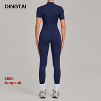Jumpsuit Yoga Setengah Resleting Wanita Bahan Brushed Unitard Lengan Pendek Pengangkat Bokong Peregangan Empat Arah Panjang Penuh Pakaian Olahraga Gym