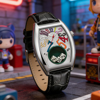 Montre Homme à Cadran Tonneau, Quartz, Chiffres Colorés Créatifs, Bracelet en Cuir Véritable pour Hommes