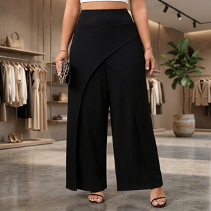 High Waisted Asymmetric Knitted Wide Leg Pants <b>Summer</b> Black Full Length Loose Fit Breathable Minimalist Style Women's <b>Trousers</b> - Product Image 2