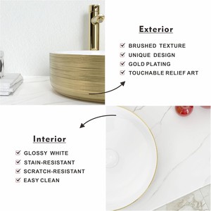 עגול צורה קרמית אגן היון זהב העליון כלי צבע חדר אמבטיה דקורטיבי חדר רחצה עמיד - Product Image 5