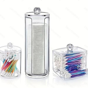 Transparent Cotton Swab Storage <b>Box</b> <b>With</b> Wooden <b>Lid</b> For Desktop Cosmetic Organization 2 Layer Design Dust Proof Plastic - Product Image 4