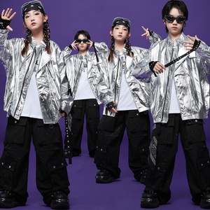 Vêtements de danse de rue tendance pour enfants, ensemble veste en cuir <span class=keywords><strong>brillant</strong></span> hip-hop pour garçon et pantalon de travail, vêtements de performance pour fille sur scène et défilé - Product Image 1