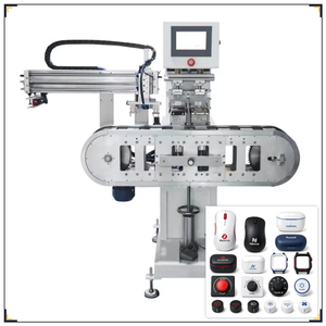 Machine de tampographie semi-automatique bicolore avec convoyeur à chenilles et godet d'encre fermé pour cannes à pêche, éclairages LED et produits plastiques - Product Image 1