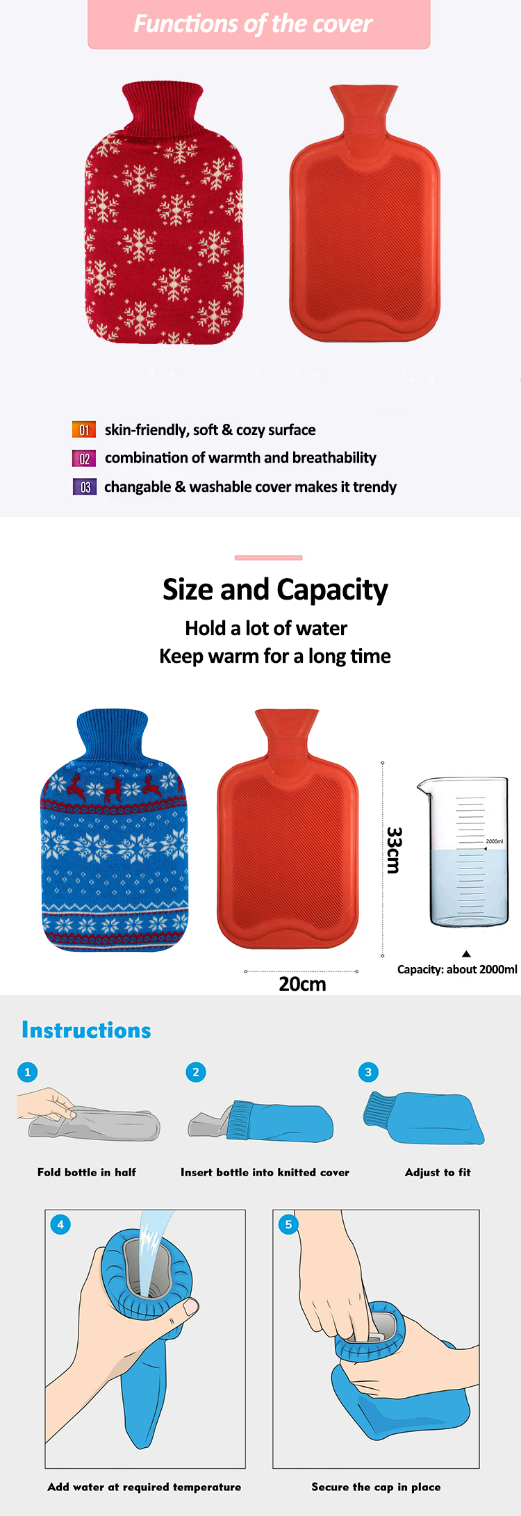 2l china wholesales manufacture hot water bottle with kint cover natural rubber bs standard