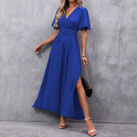 Robe longue vintage élégante à col en V, manches volantées, dos froncé, taille haute, fente haute, en polyester pour femme